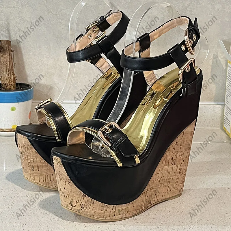 Ahhlsion Handmade Women Summer Sandals Buckle Strap Wedges Heeled Round Toe Pretty Gold Silver Party Shoes Ladies US Size 4-15