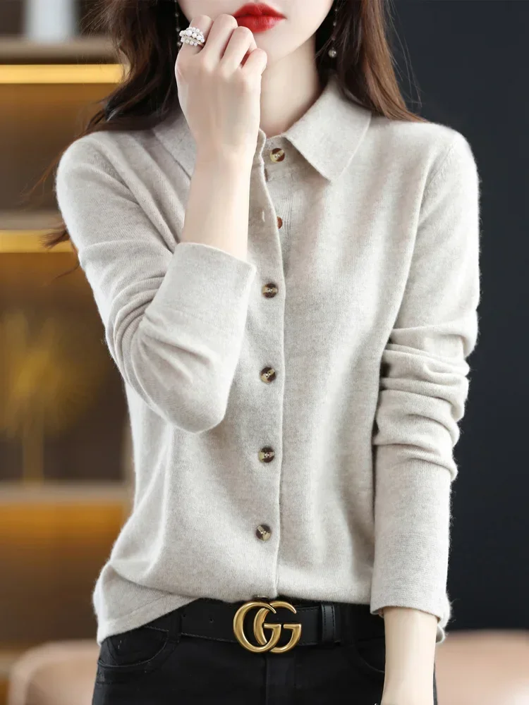 Fashion 100% Merino Wool Woman Sweater High Quality Long Sleeve Cardigan Polo-Collar Winter Clothing Knitwear Tops E1592