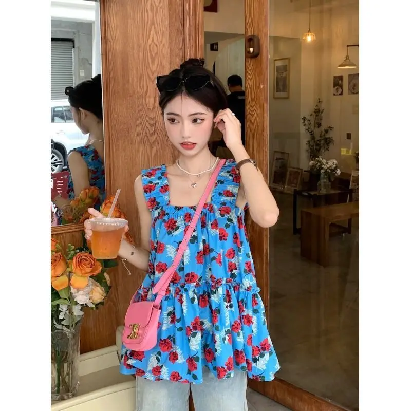 Summer All-match Fashionable Printing Square Collar Sleeveless Top Tee Women Clothing Sweet Lively Lacing Pleated Loose T-Shirt