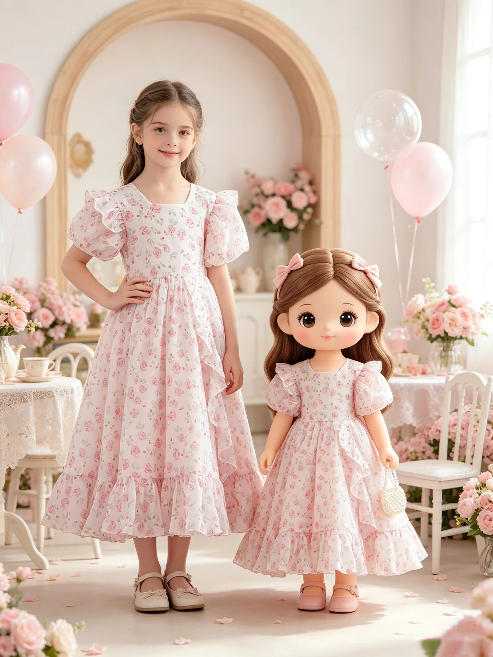 Casual Floral Pattern Bubble Sleeve Dress for Girls Square Collar Ruffle Decoration Sweet Cute Summer Vacation Outdoor Dress