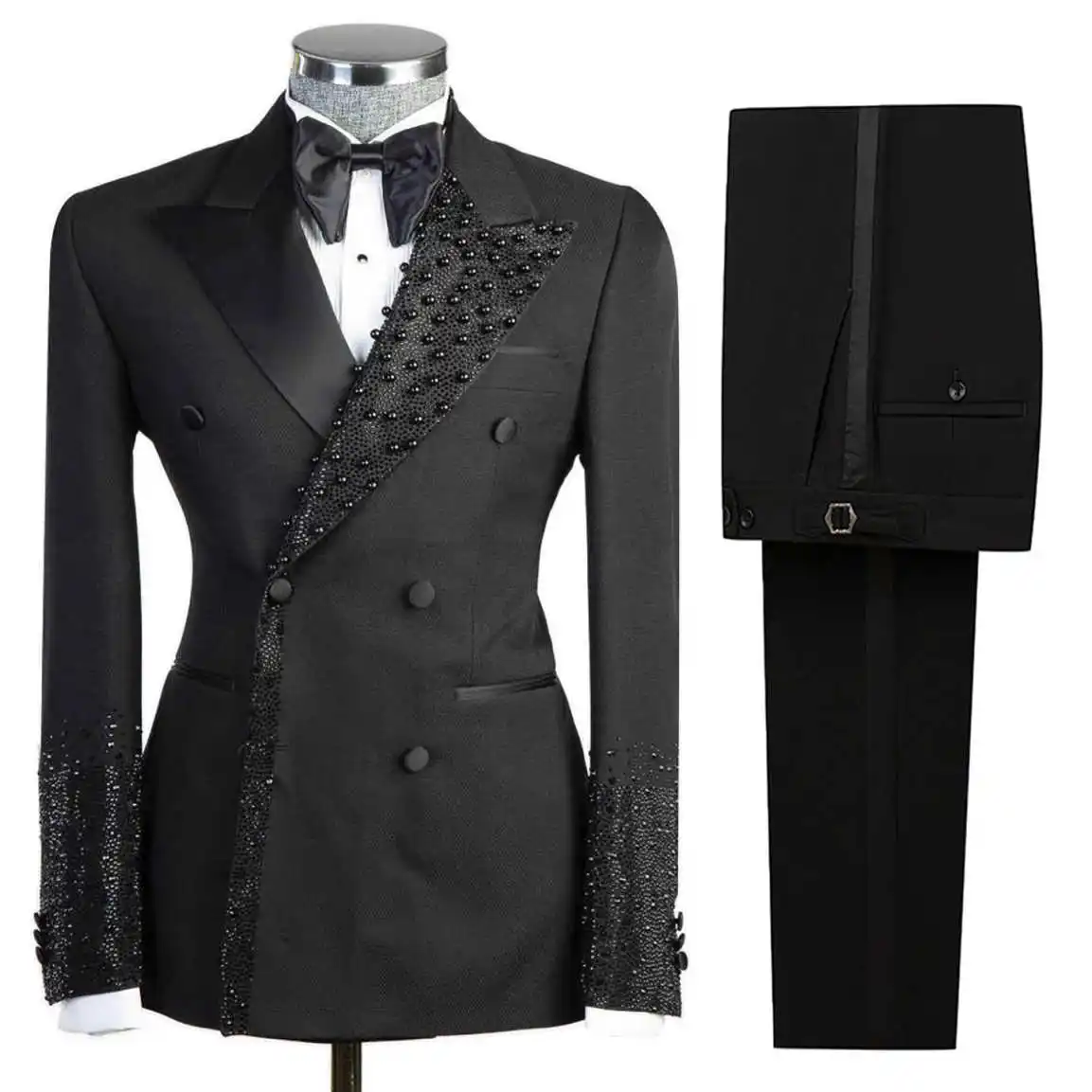 

Luxury Men's Suits 2-Piece Beads Blazer Peaked Lapel Double Breasted Wedding Slim Fit Diamonds Custom Made trajes para hombre