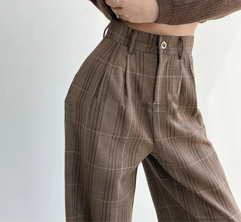 Pantalon Vintage à Carreaux pour Femme, Poches, FJ3, Taille Haute, Bouton Unique, Jambes Larges, Décontracté, Printemps Été