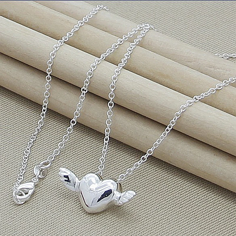 

925 Sterling Silver Heart Wing Pendant Necklace 18 Inch Chain For Woman Wedding Engagement Party Jewelry Gift