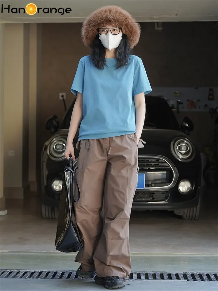 HanOrange 2025 printemps Simple en forme de H col rond manches courtes T-shirt femmes profil ample haut décontracté femme blanc/gris foncé/bleu