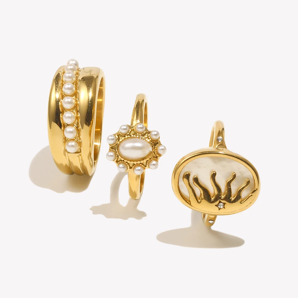 E.B.belle Elegant Imitation Pearl Series Rings 5 Style Stainless Steel 18K Gold Plated Waterproof Hypoallergenic For Women
