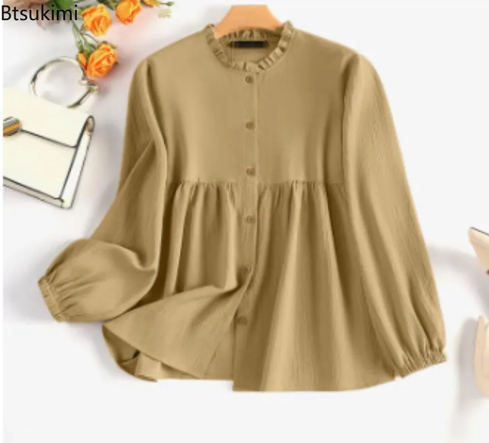 2024 New Women\'s Long Sleeve Ruffles Blouse Spring Fashion Elegant Casual Loose Shirt Muslim Ramadan Turkey Tops Retro Versatile