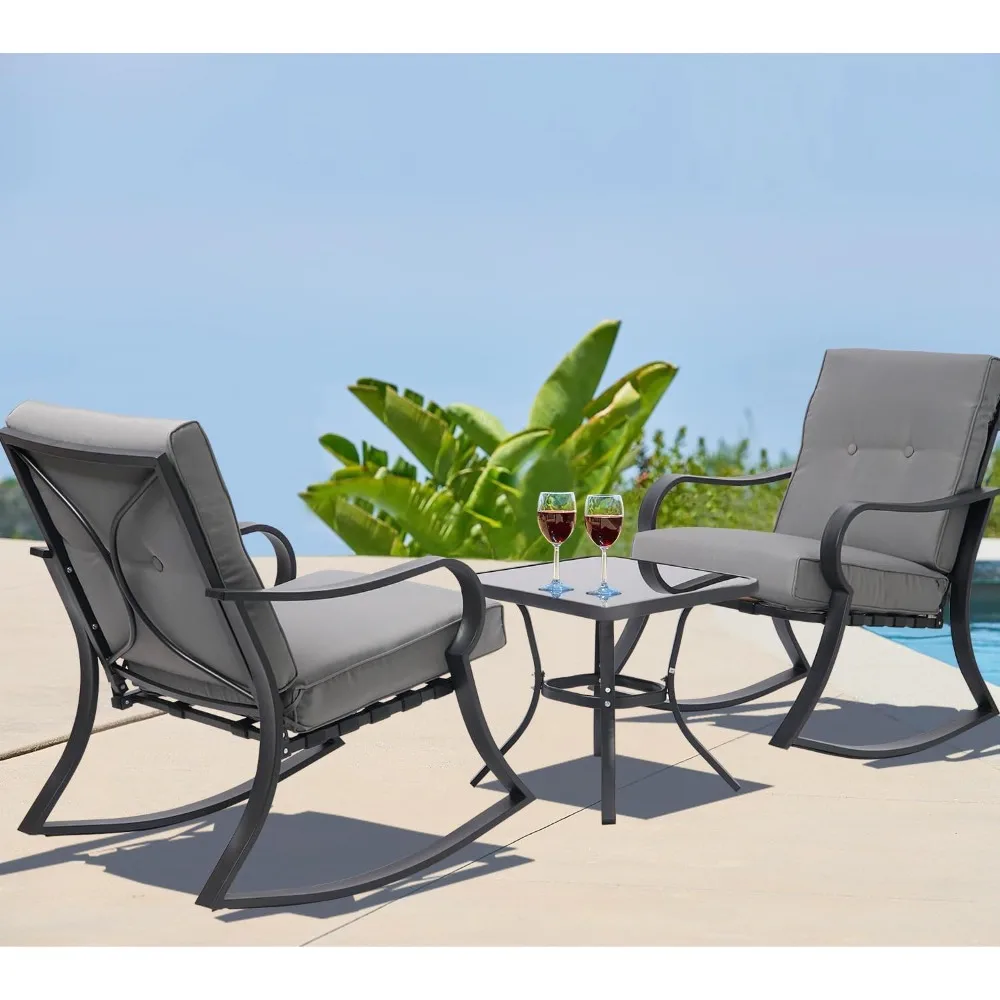 

Outdoor Furniture 3 Piece Conversation Bistro Set Rocking Chairs and Glass Top Table, Thick Cushions, Black Steel (Grey)