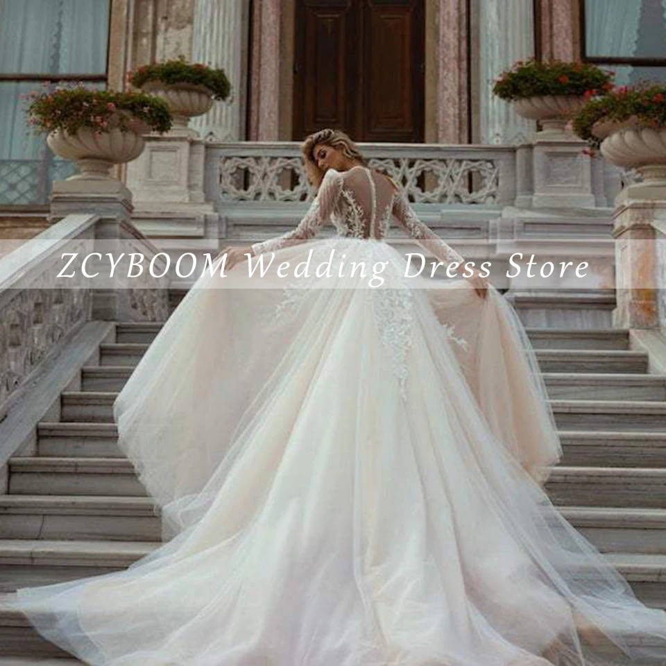 Customized V-Neck Appliques Long Sleeves Wedding Dress 2024 Mermaid Floor Length Detachable Sweep Train Princess Bridal Gown