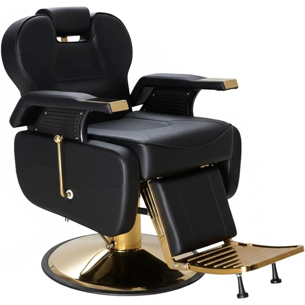

Heavy-Duty 440 lbs Reclining Barber Chair with High-Density Foam, Hydraulic Styling for Salon or Home Studio - Black & Gold