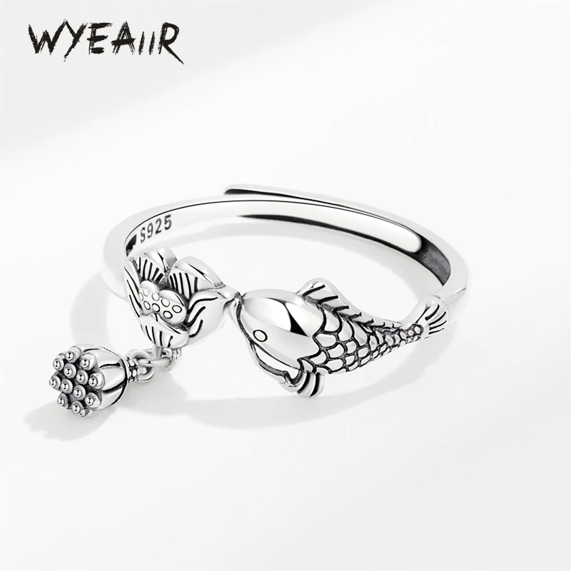 

WYEAIIR 925 Sterling Silver Vintage Thai Silver Carp Lotus Resizable Opening Ring For Women Luxury Jewelry