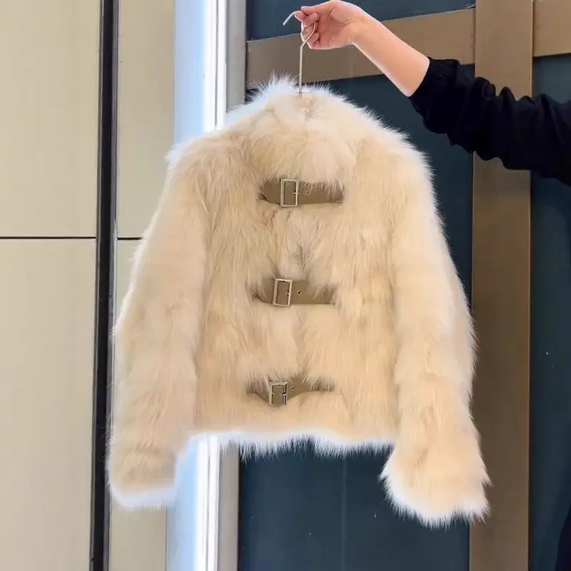 Abrigo de Piel para Mujer, Nuevo Modelo de Invierno, Largo, con Cuello Alto, de Cuero y Piel Sintética, Estilo Británico, Elegante