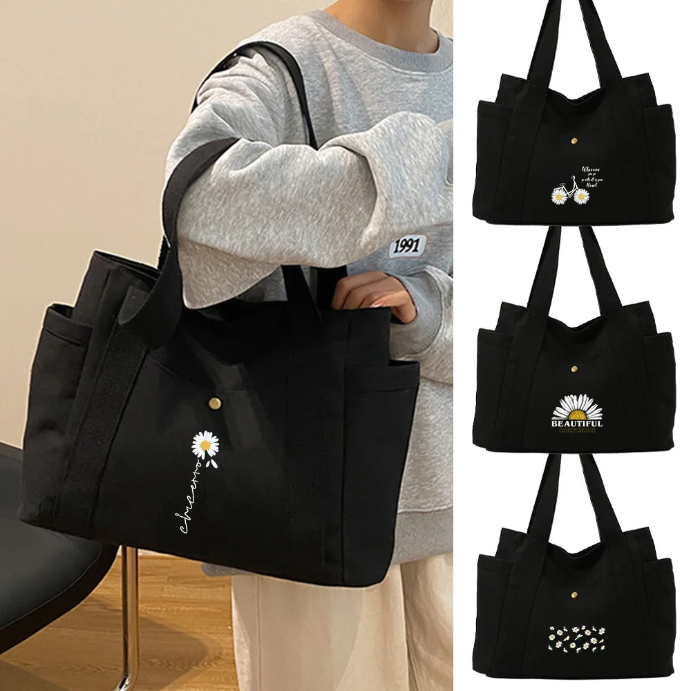 Multi Pocket Canvas Tote Daisy Pattern with Reinforced Stitched Handles Large Capacity for Office School and Travel Fashion