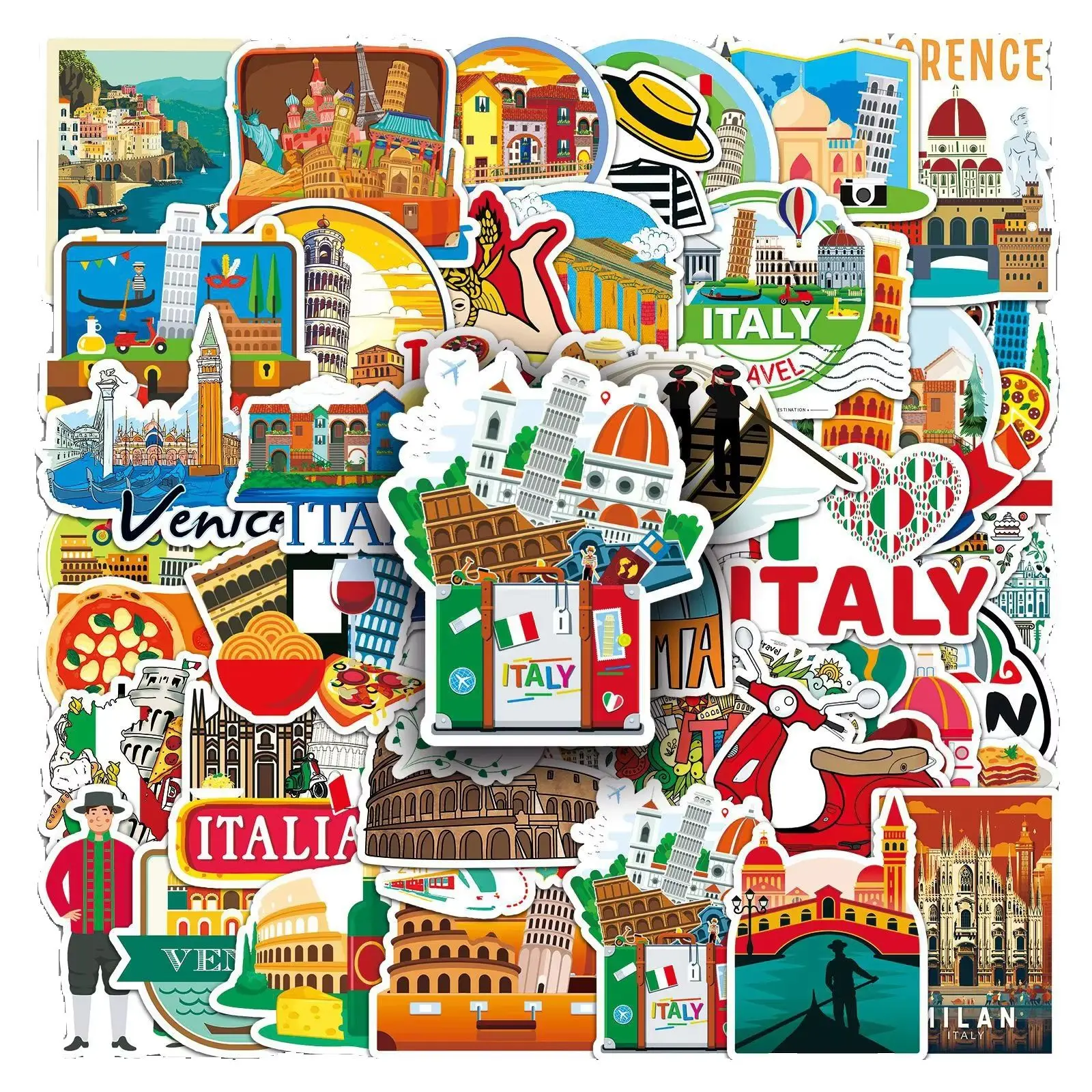 50 pegatinas de ciudades famosas de Italia, diseño de la Torre de Pisa y el paisaje de Venecia, impermeables, para álbumes de recortes, portátiles, equipaje y teléfonos.