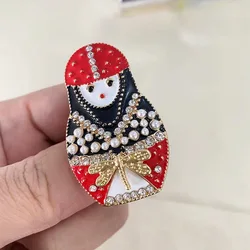 1pcs Red Enamel Matryoshka Brooch Pearl Rhinestone Pin Women New Jewelry