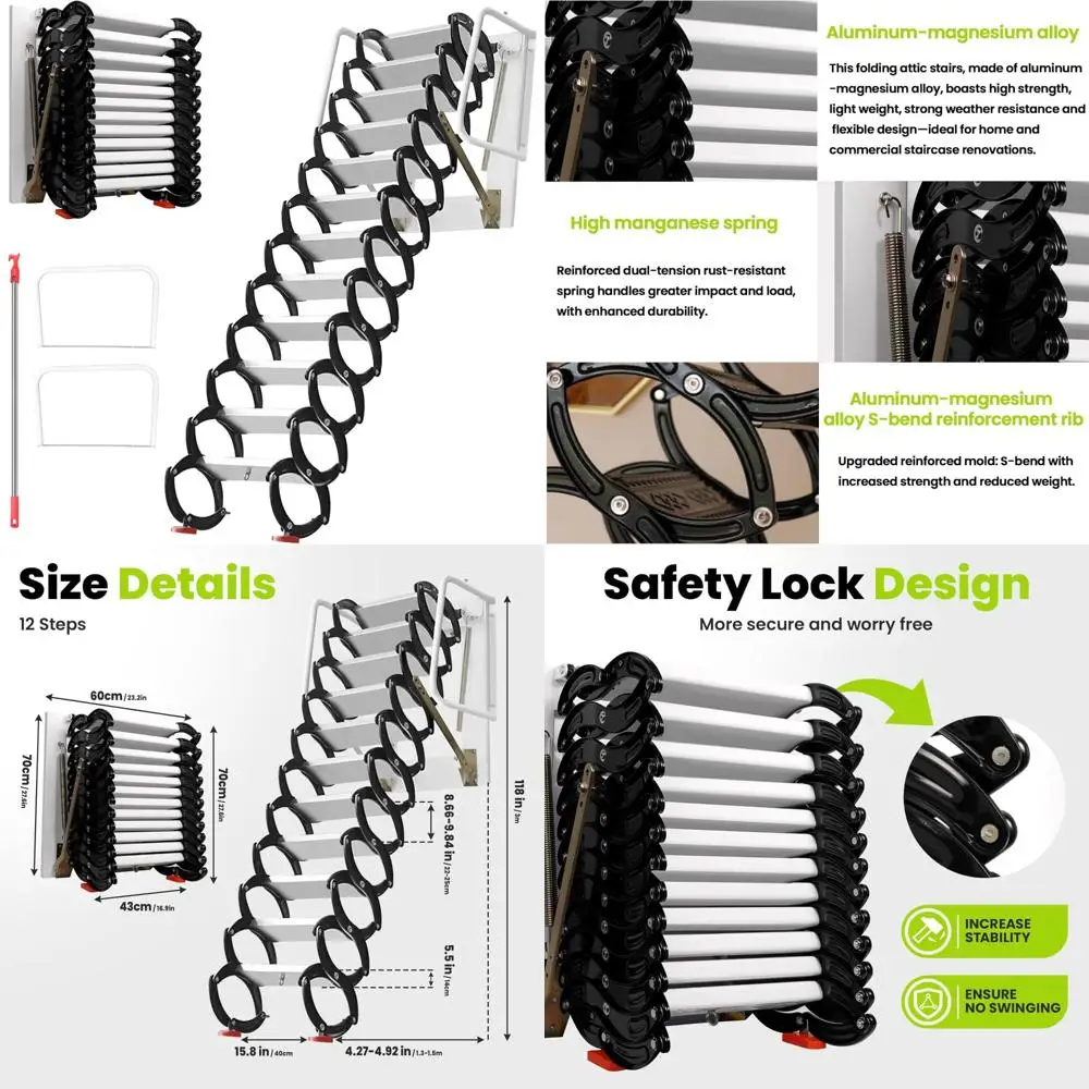 

"12-step telescopic aluminum-magnesium attic ladder, 10ft pull-down loft access stairs for 27.5x23.6 spaces"
