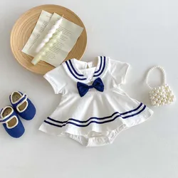 Summer Baby Girls Sailor Collar Bodysuit Preppy Style Baby Clothes Short Sleeve Toddler Jumpsuit Infant Bow Dress One-pieces