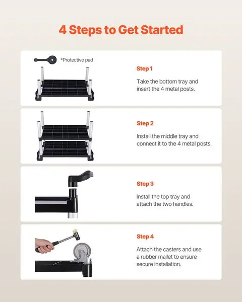 Heavy Duty Utility Cart 500 lbs Capacity 3-tier Service Cart with Wheels