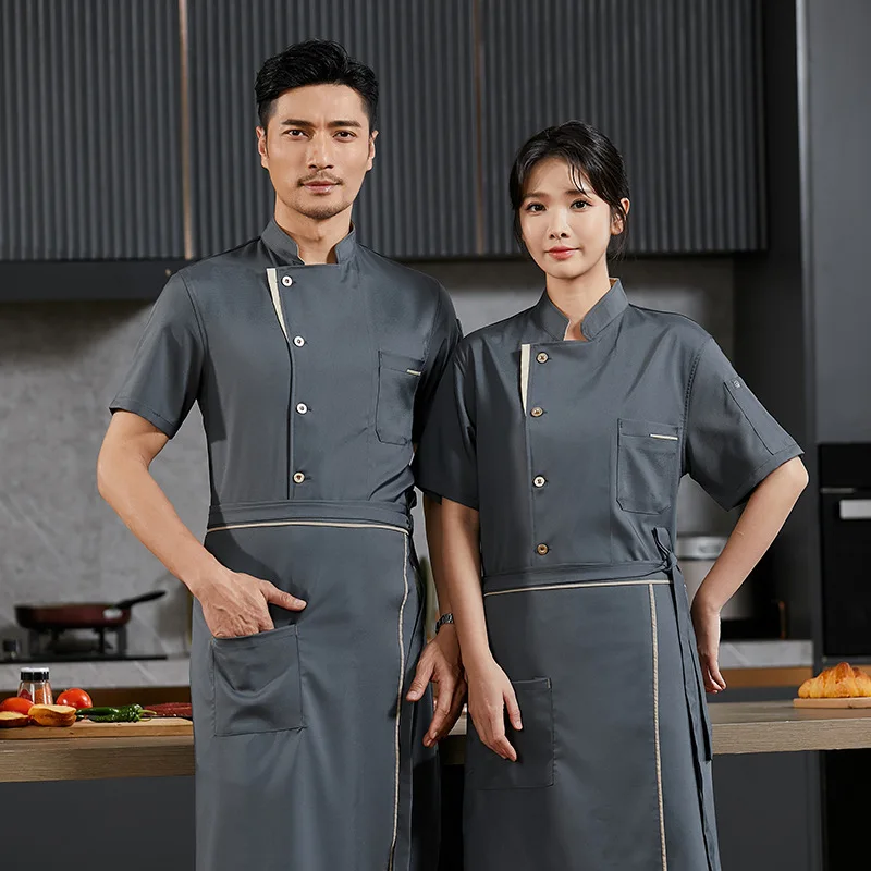 High-End Stretch Cotton Chef Overalls Thin Breathable Baking Hotel Dining Restaurant Restaurant Kitchen Summer Short Sleeve