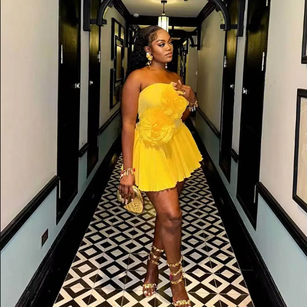 

Sweet Sexy Birthday Evening Night Party Club Vestidos Dresses With 3D Flower Strapless Mini Party Dress Yellow Mini Prom Dresses