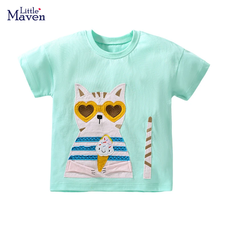 Little maven Summer Girls T Shirts Cute Cats Appliques Baby Girls Tops Tees Shirts for Little Girls Shorts Sleeve Clothes