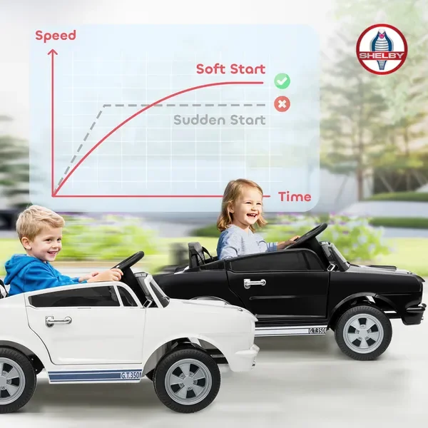 Coche Ford Shelby GT 350 para niños con control remoto, velocidad ajustable, MP3, arranque suave, luces LED, blanco