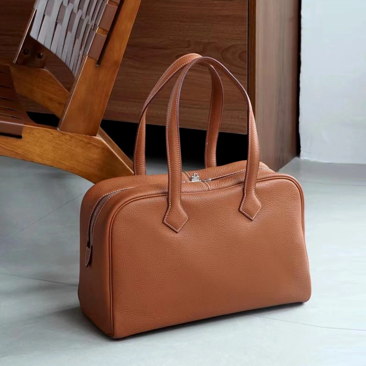 

XHTY Genuine Leather Bowling Bag Handbag Retro Women's Bag Pillow Bag Simple Fashion New Full-Grain Cowhide Boston