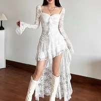 Goth Dark Fairycore Lace Flare Sleeve Square Neck A-line Dress Sweet E-girl Irregular Long Hem Dresses Cyber Y2K Party Vestido - Image 3
