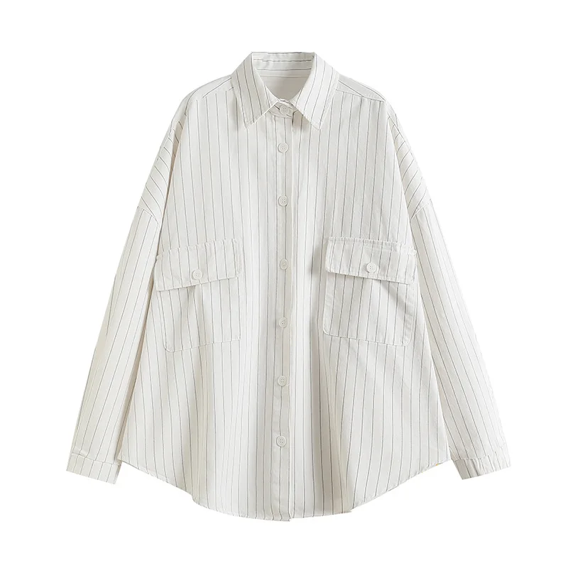 

SuperAen White Stripe Shirt Women's Outerwear Autumn Style Fashion Loose Shirt Top Coat