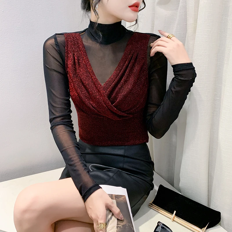 Autumn Spring New Arrival Sliced Shinning T-shirt Women Connected One-Piece Long Sleeve Mesh T Shirts Female Stretch Top