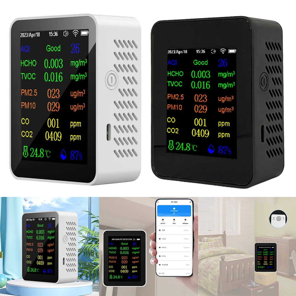 

12 In 1 Air Quality Monitor Temperature Humidity Meter Color Screen WIFI PM2.5 PM10 CO CO2 TVOC HCHO AQI Tester for Home Office