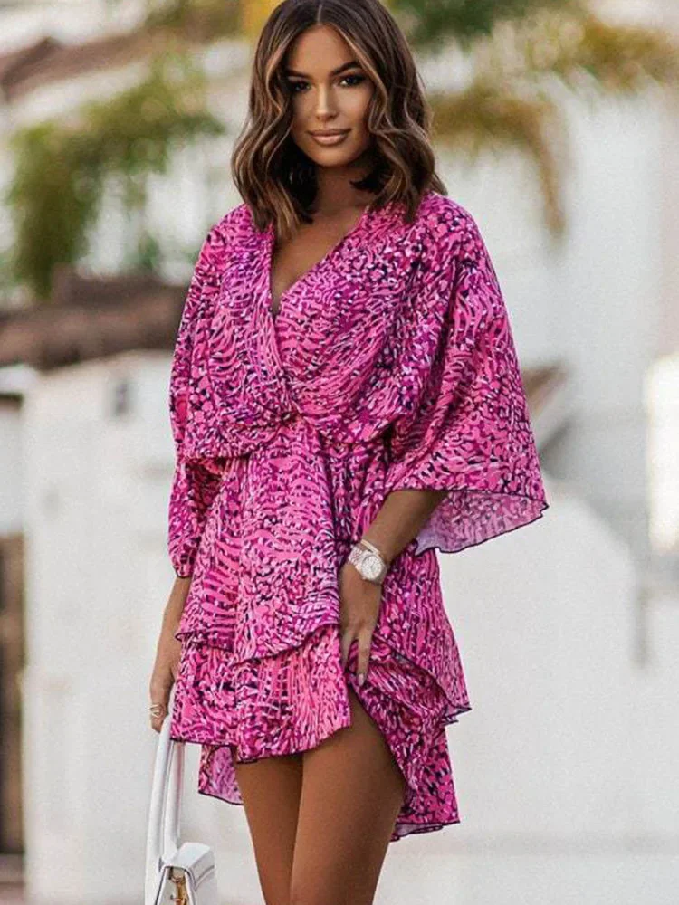 Women Sexy V Neck Mini Dresses Summer Boho Casual Floral Print Batwing Sleeve Dresses Female Ruffle Beach Party Dress Vestidos