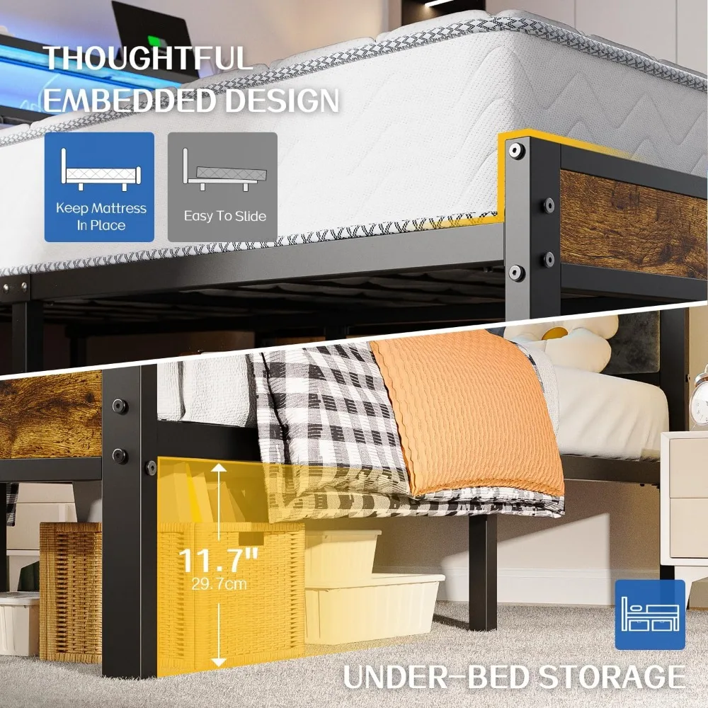 إطار سرير بمنصة مزدوجة الحجم منجد باللون الرمادي مع أضواء LED، وأرفف تخزين من طبقتين، ومحطة شحن، ونعل نوم خالٍ من الضوضاء