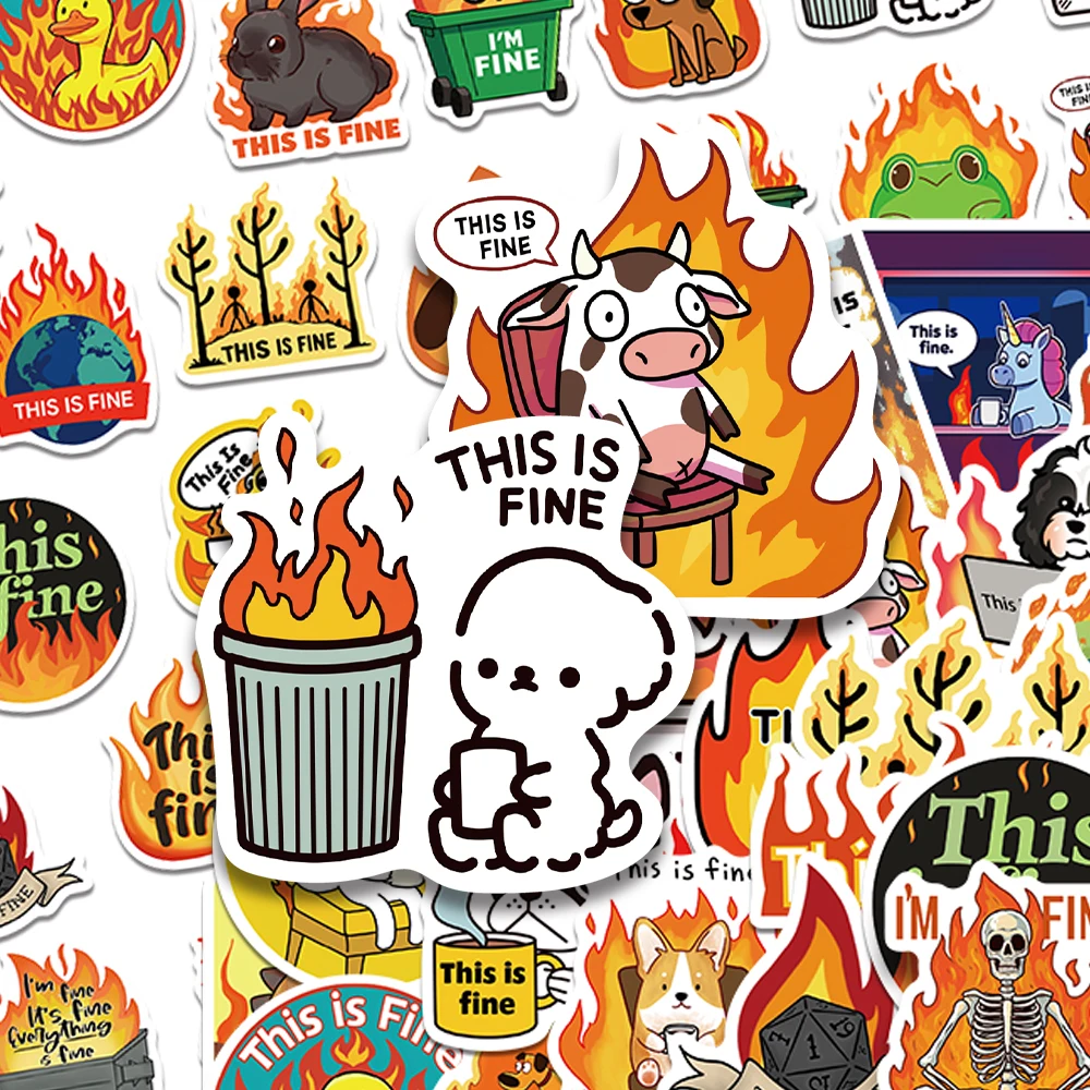 50pcs This Is Fine Spoof MEME Stickers Decals For Phone Laptop Scrapbook Suitcase Refrigerator DIY Cartoon Waterproof Stickers