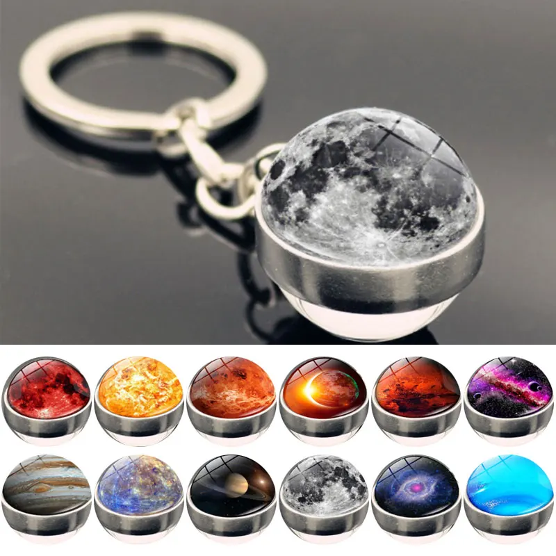 Solar System Planet Keyring Double Side Glass Ball Key Chain Galaxy Nebula Space Moon Earth Key Chain Pendant Gifts For Friend