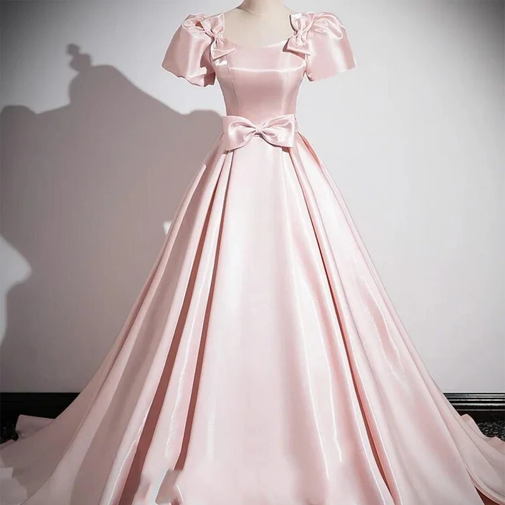 

Dream Pink Elegant Evening Dress Satin for Floor-Length Square Collar Prom Dress Bow Ball Gown Vestidos De Fiesta Customized