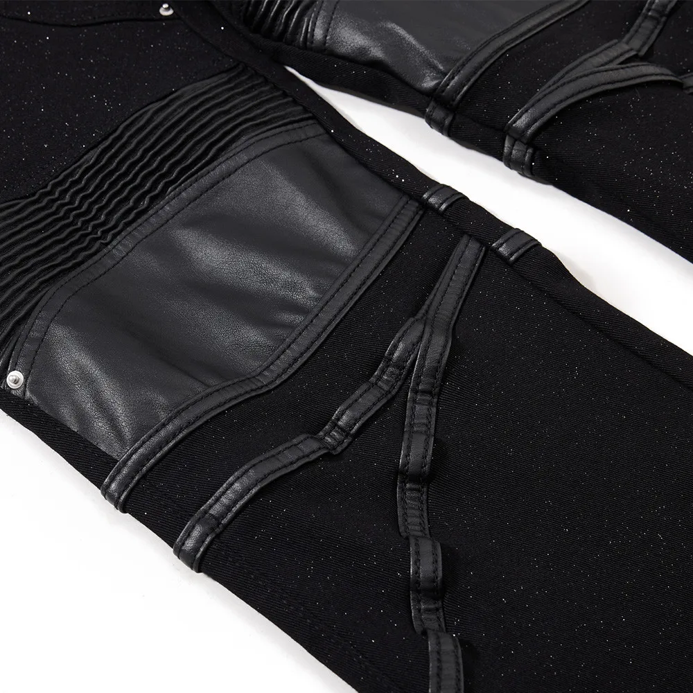 MWJLPWQ Men's Starry Button Jeans Hippie Trend PU Leather Patchwork Deconstructed Design Unique Autumn Flared Long Pants 17162