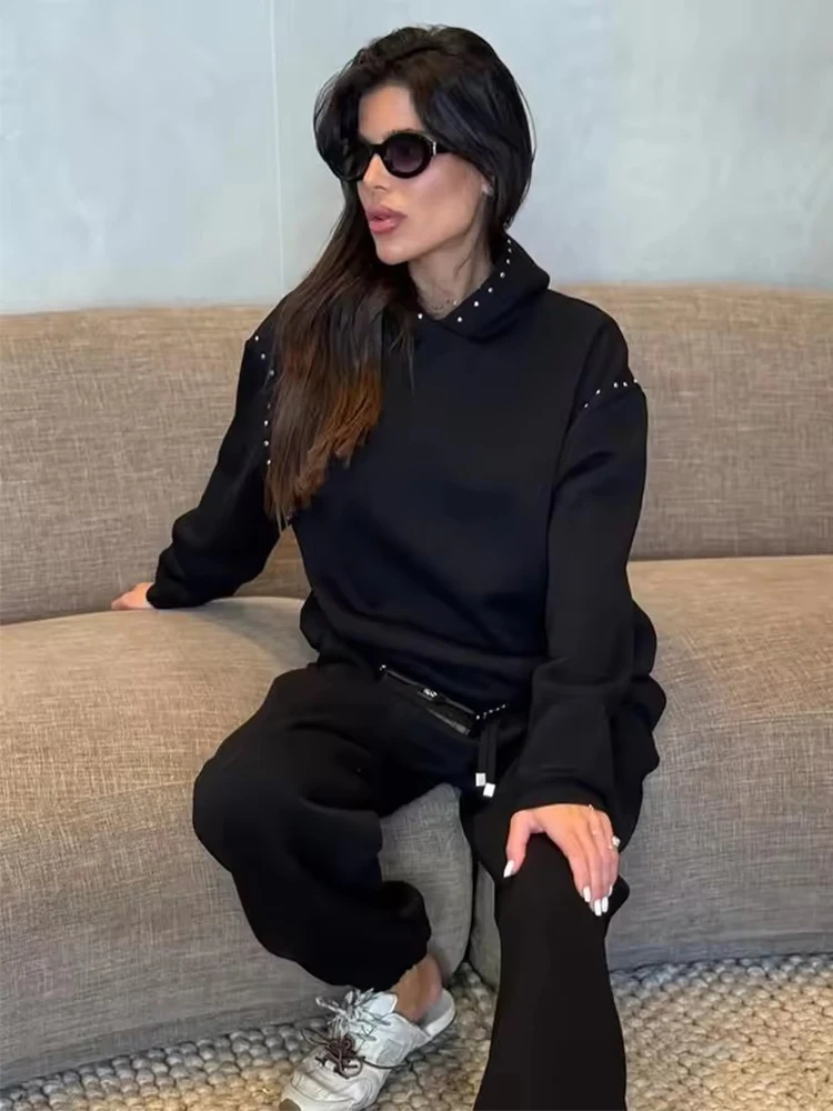 2026 frühling Herbst Frauen Jacke Langarm Niet Dekoration Hoode Jacken Für Frauen Casual Neue Schwarz Oberbekleidung