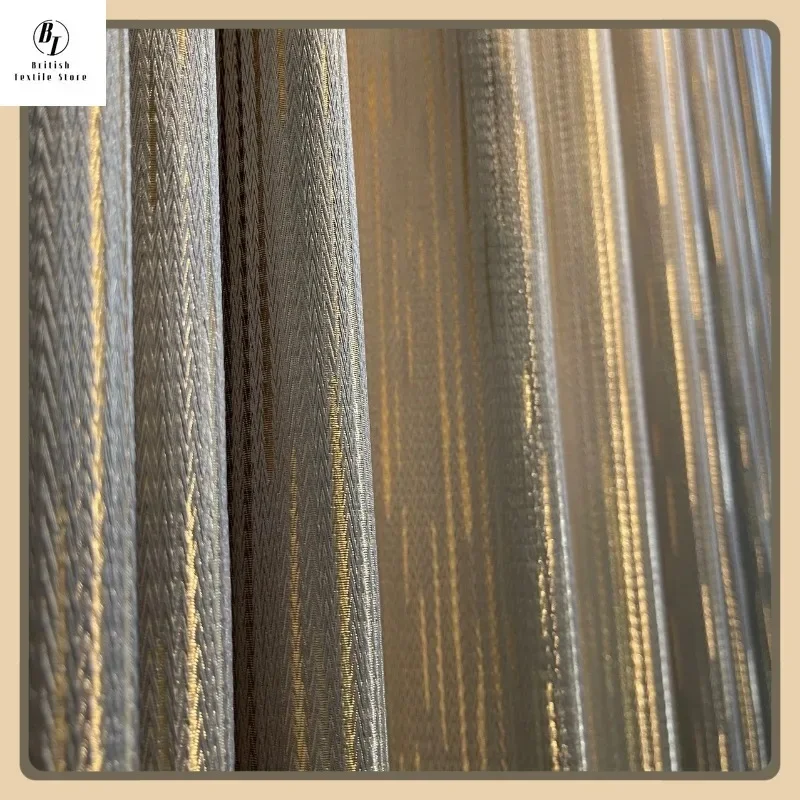 Custom Size Nordic High-end Horizontal Strip Gold Line Jacquard Blackout Curtains for Living Room Bedroom White Tulle Fashion