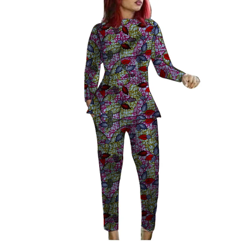 Women Long Sleeve Set African Print Pullover Shirt Patch Pant Nigerian Fashion Lady's Ankara Outfits Festival Garments