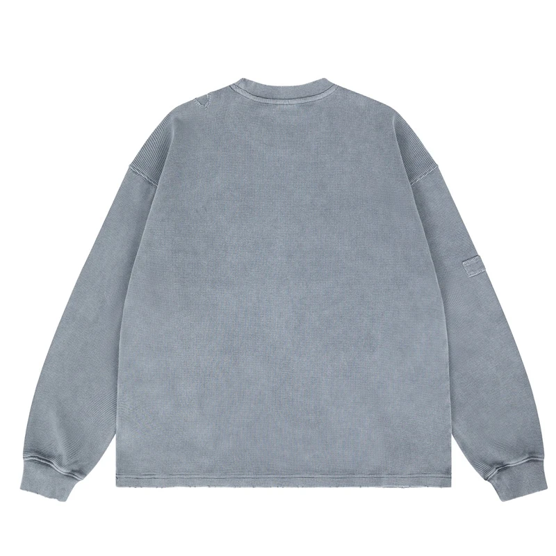 Neue Stil Einfarbig Waffel Langarm T-shirt Retro Tun Alte Casual Einfache Kreative Design Patch Top T