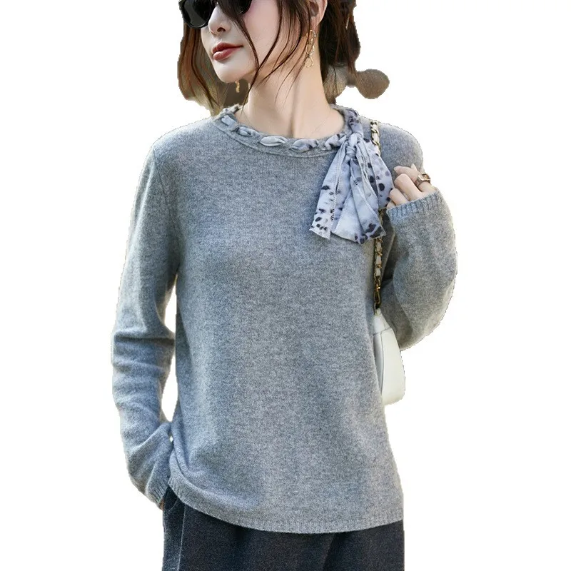 Otoño Invierno nueva llegada efecto adelgazante 100% prendas de punto de lana mujer ajuste suelto detalle de cinta moda versátil