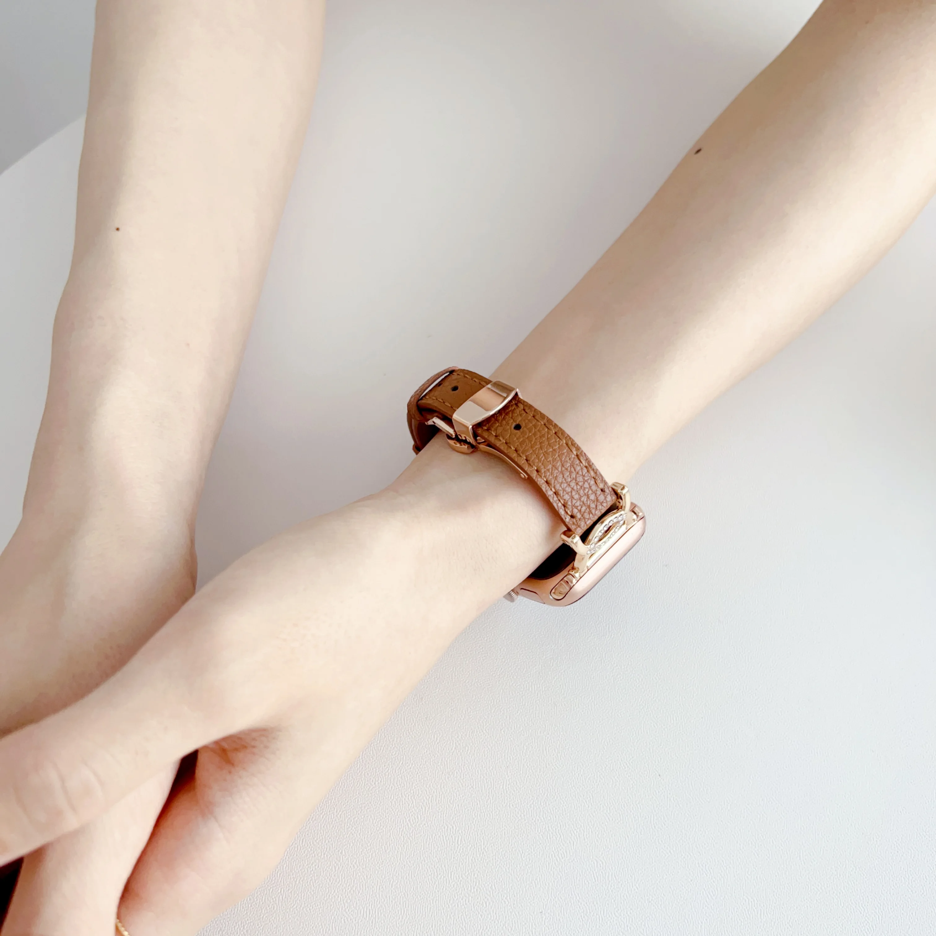 Genuine Leather Bracelet for Apple Watch Ultra Band 8 7 6 5 4 3 2 SE Women Butterfly Clasp Strap for iWatch 49 44 45 42 41 40 38