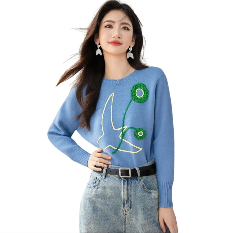 

Осень-зима 2022, новый свитер с цветочной вышивкой, женский корейский стиль, синий пуловер с круглым вырезом и длинными рукавами, трикотаж, топы, джемперы