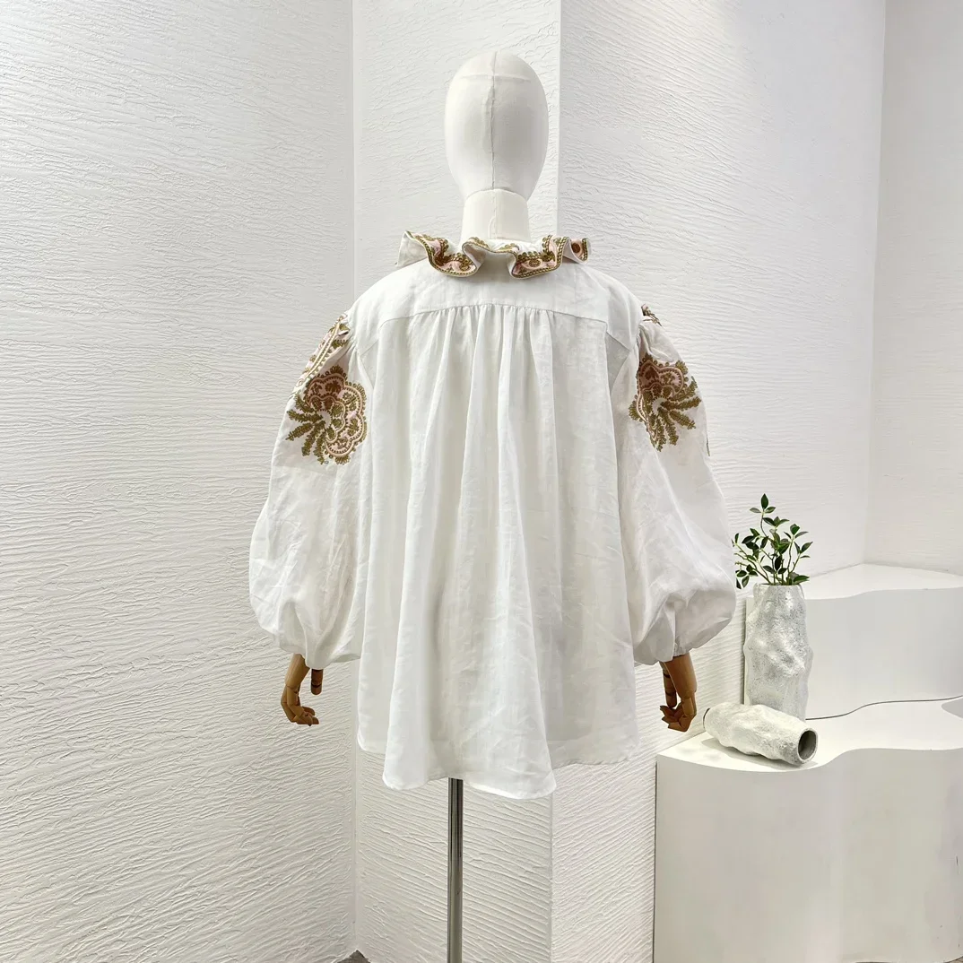 2025 Women's Fashion New in Matching Sets White Embroidery Floral Long Sleeve Ruffles Blouse Top and Shorts