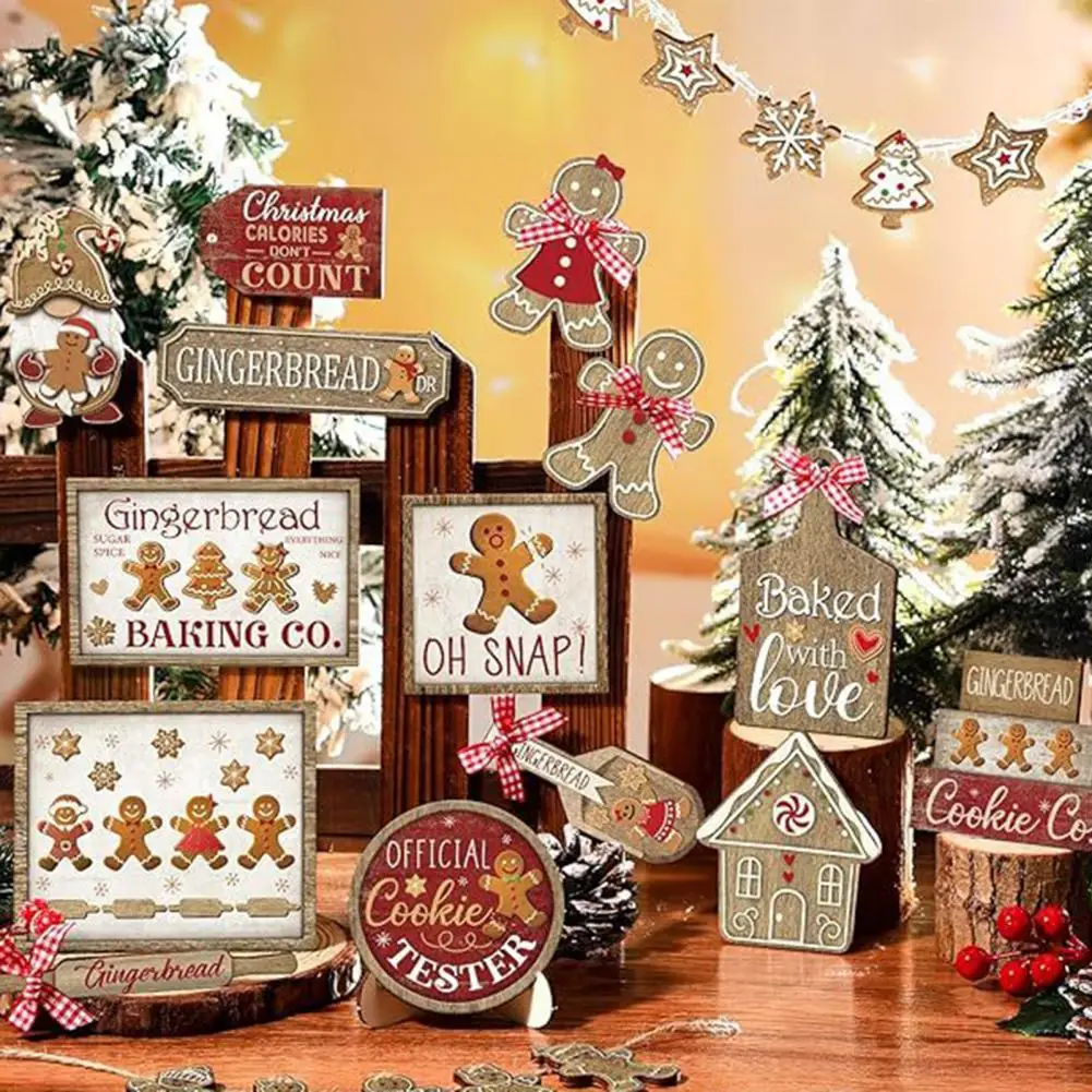 24 Pcs Christmas Tiered Tray Decoration Wood Reusable Gingerbread Man Decor Rustic Xmas Trees Gnome Snowflake Signs for Home Tie