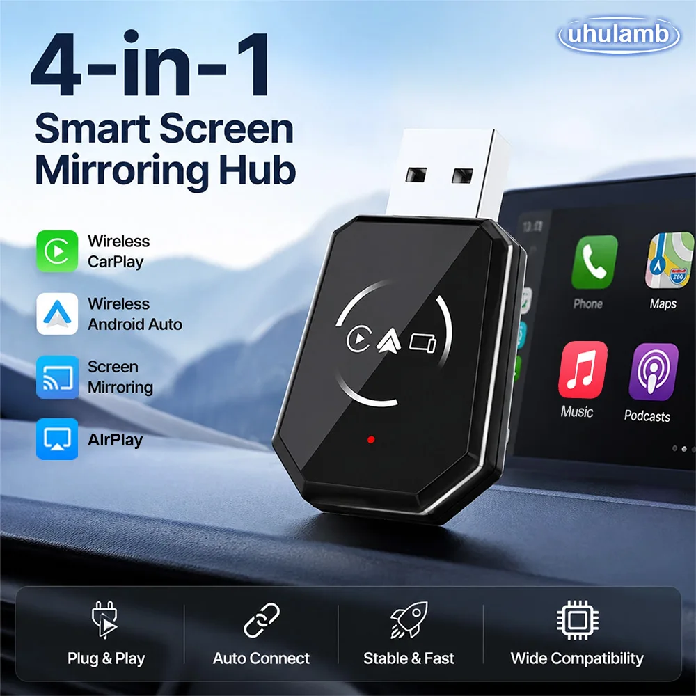MiNi CarPlay 2026 4 In1 Wireless CarPlay Adapter for Apple Mirror Link Android Auto Connect WiFi Bluetooth USB Plug Play