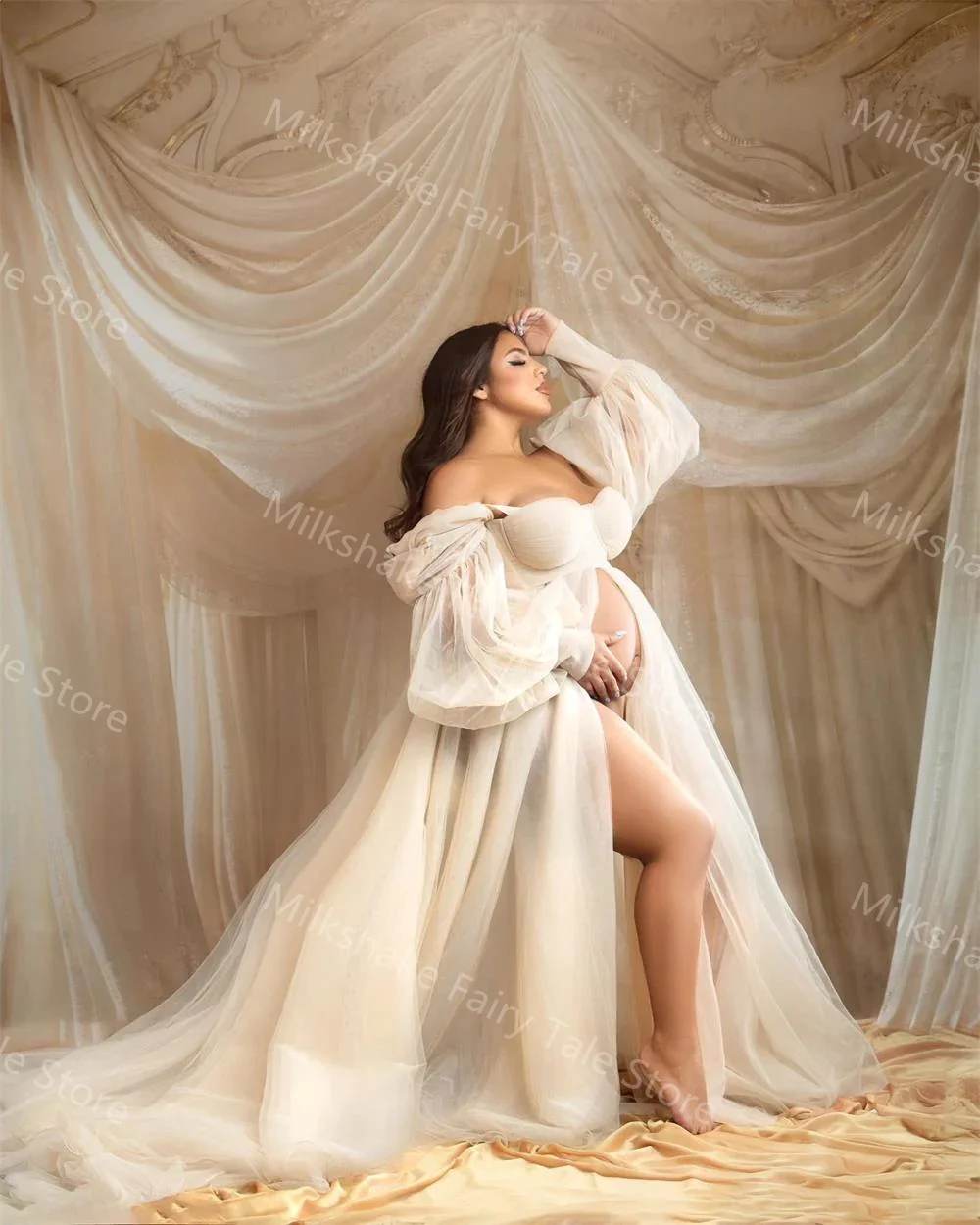 Vintage Ivory Maternity Robes for Pregnant Women Off Shoulder A Line Photoshoot Dresses Sexy Floor Length Baby Shower Gowns