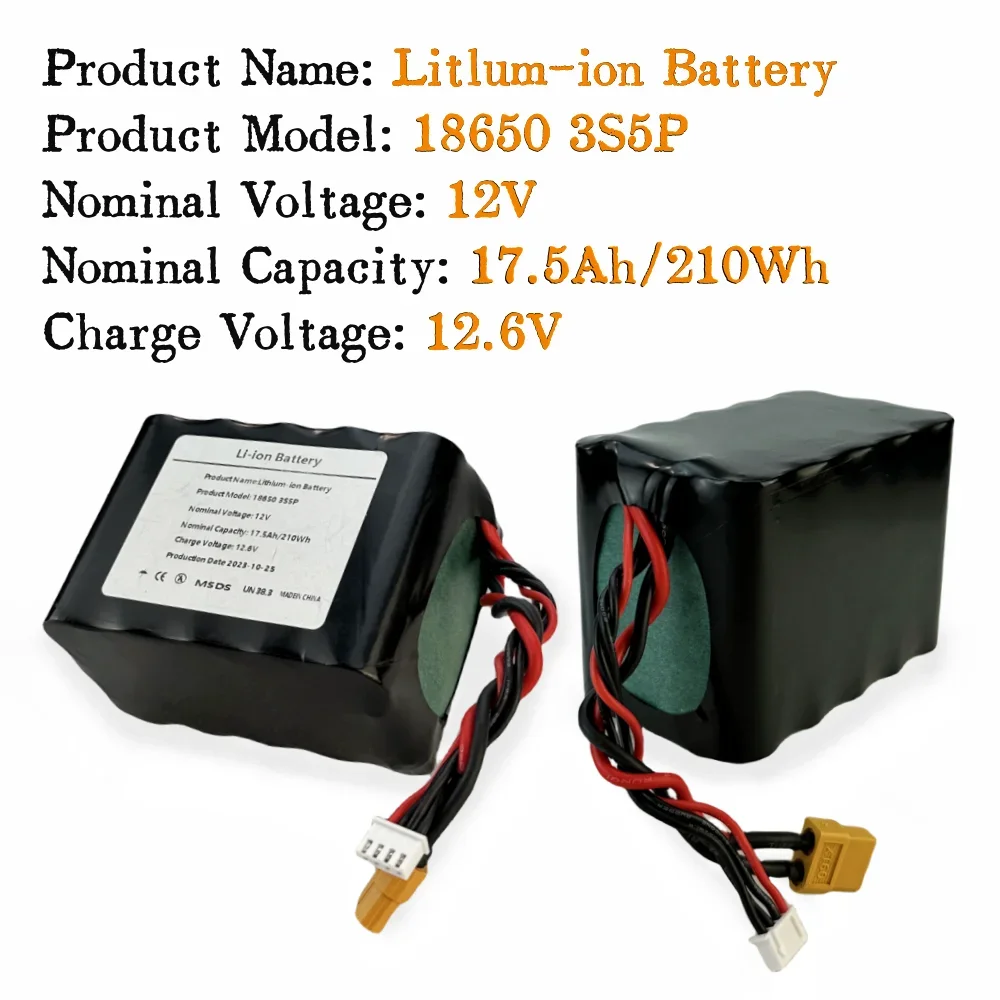 18650 3S5P 12V 17.5Ah Rechargeable Li-ion Battery Pack For Various RC Airplane Drone Quadrotor XH2.54-4P XT60