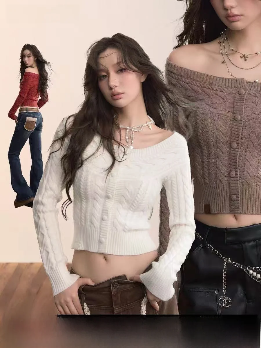 

Korean Design One oulder round Ne Two Wear ort Knitted Sweater Women's Autumn Winter Spicy Girl Long Sve Knit Top