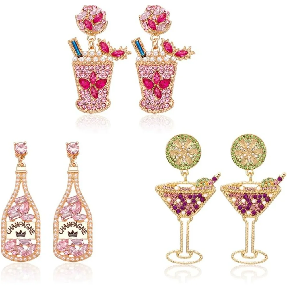 3 Pairs Champagne Glass Earrings Martini Glass Earrings for Women Dangling Novelty Colorful Handmade Wine Glass Alcohol Goblet